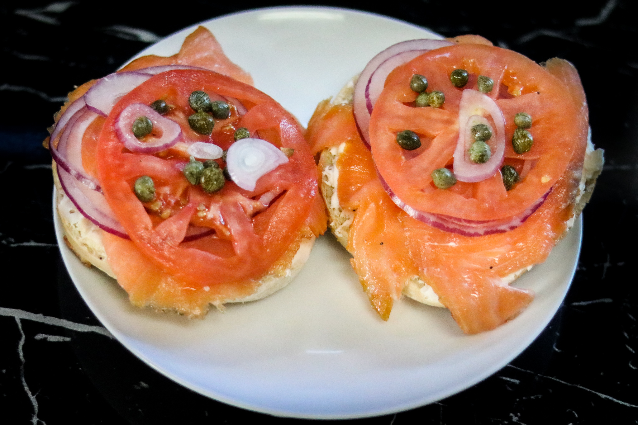 Order Bagel with Lox, Cream Cheese, Capers, Tomato and Onion food online from Ny Bagel store, Rancho Cucamonga on bringmethat.com