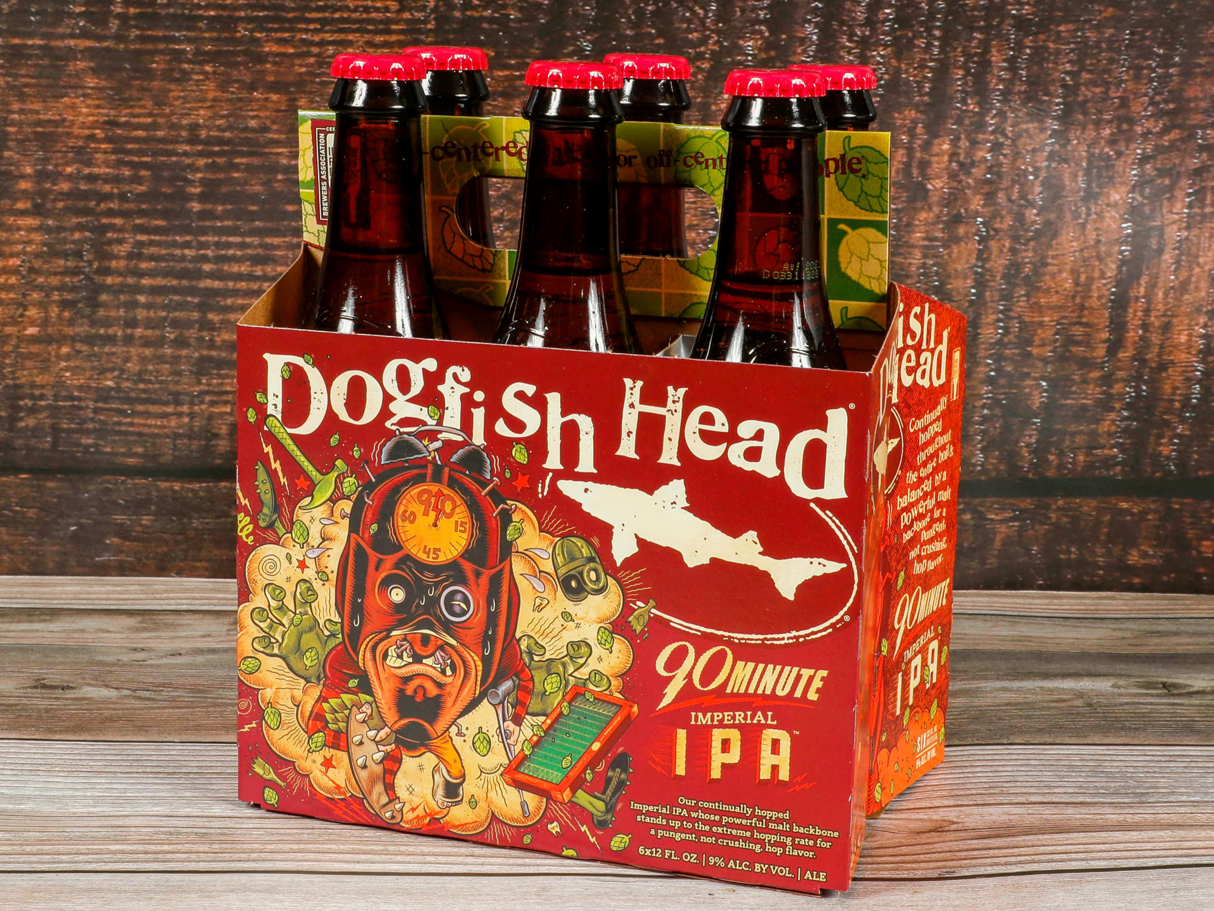Order Dogfish 90 Minute IPA, 6 Pack, 12 oz. Bottle Beer (9.0% ABV) food online from Kwik & Convenient store, San Francisco on bringmethat.com