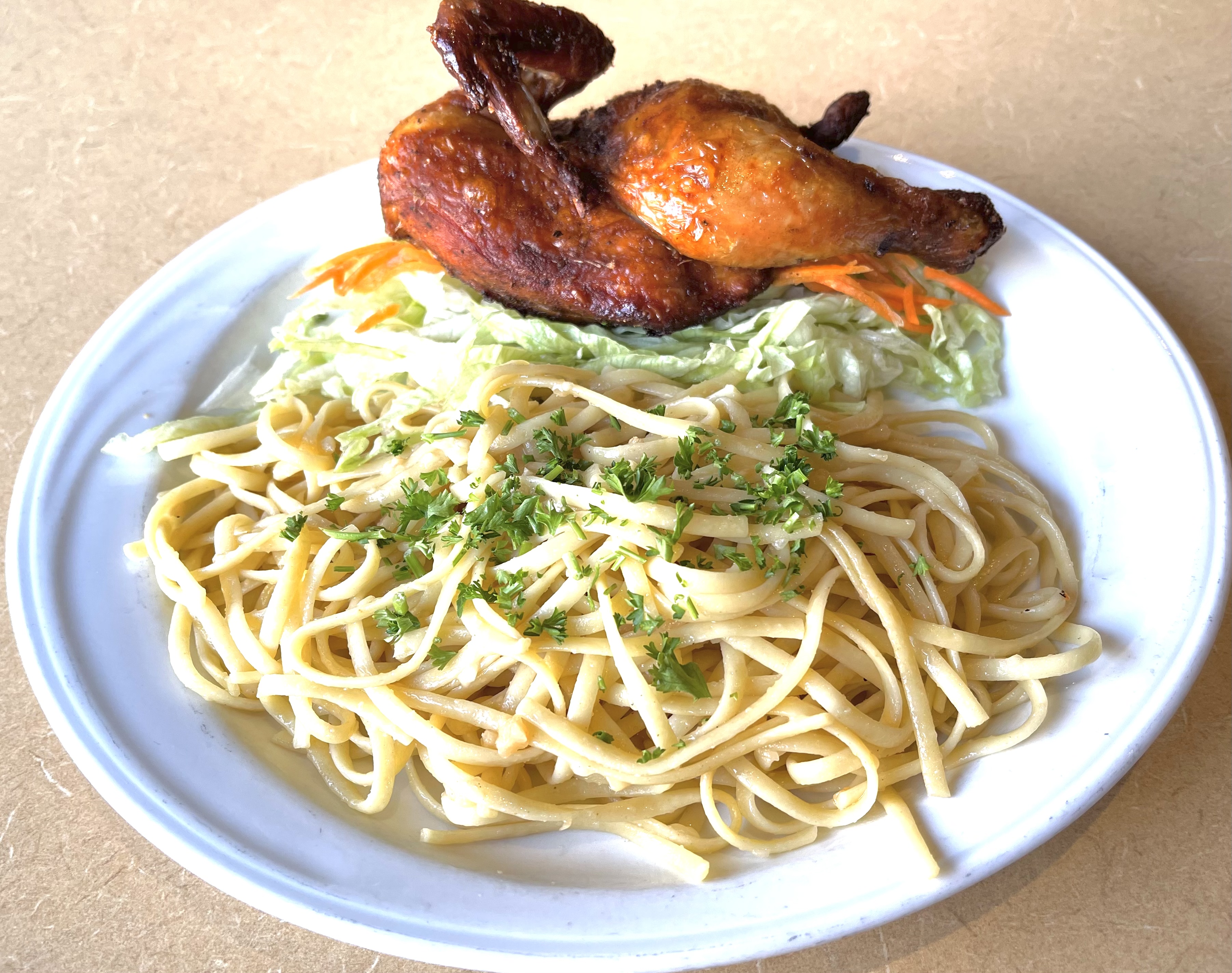 Order 5 Spice Cornish Game Hen Garlic Noodle food online from Le Soleil store, San Leandro on bringmethat.com