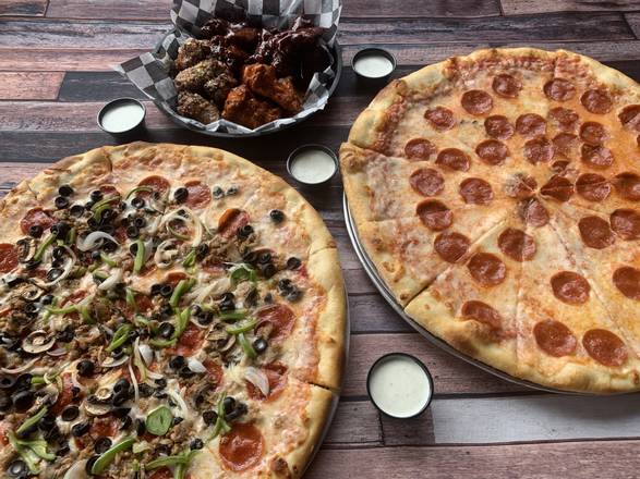 Order 2 Large 18" Pizzas + 20 Wings And Fries food online from Black Dog Pizza                                                                                      store, Arlington on bringmethat.com