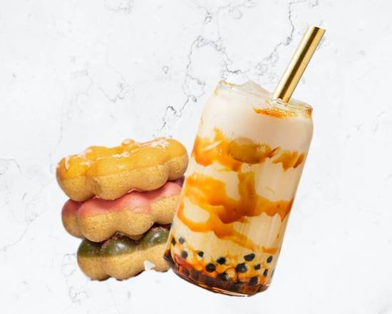 Order 1 Drink and Box of 3 Mochi Donuts food online from Bobafinitea store, Pleasanton on bringmethat.com