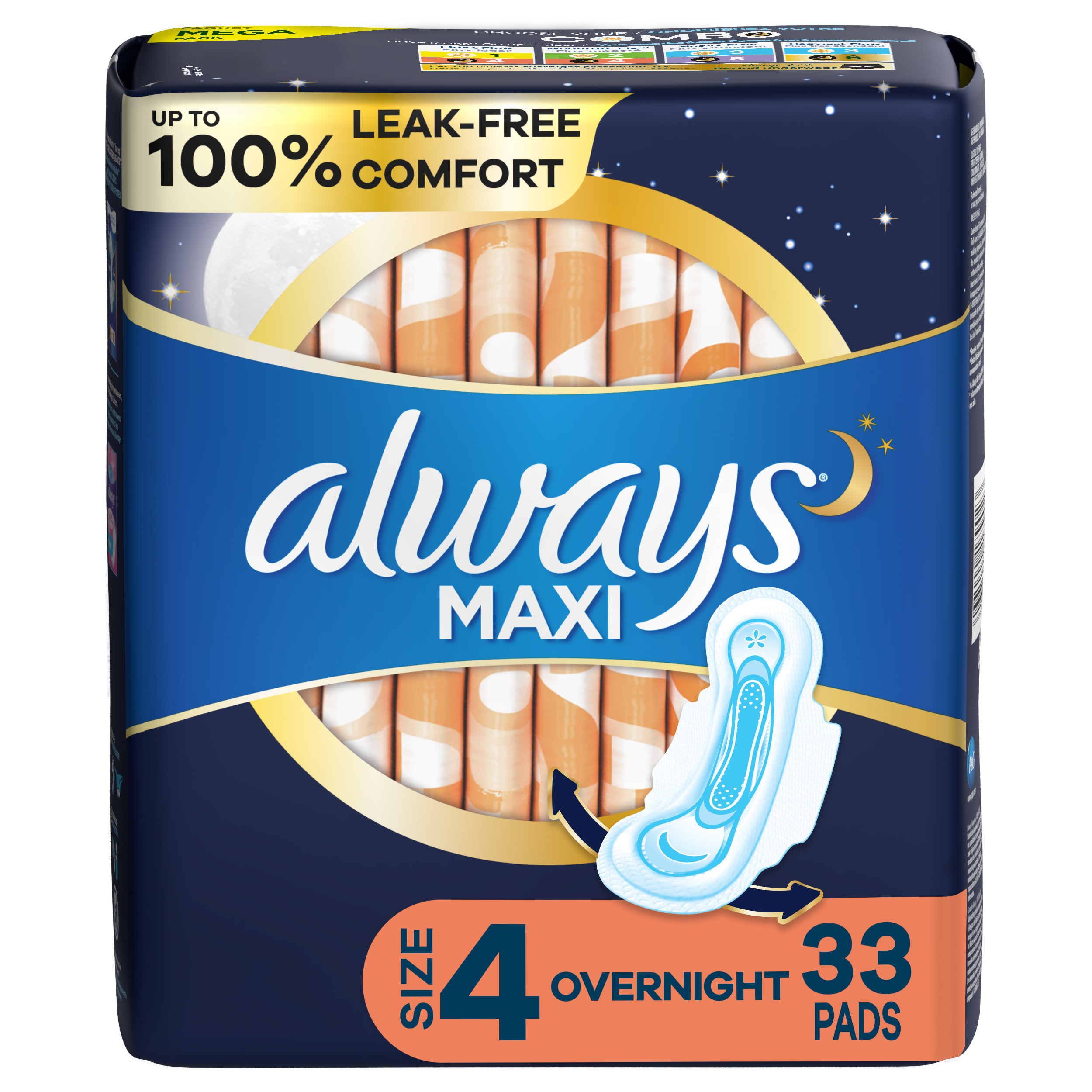 Order Always Maxi Pads with Flexi-Wings - Overnight, Unscented, Size 4, 33 ct food online from Rite Aid store, SUFFOLK on bringmethat.com