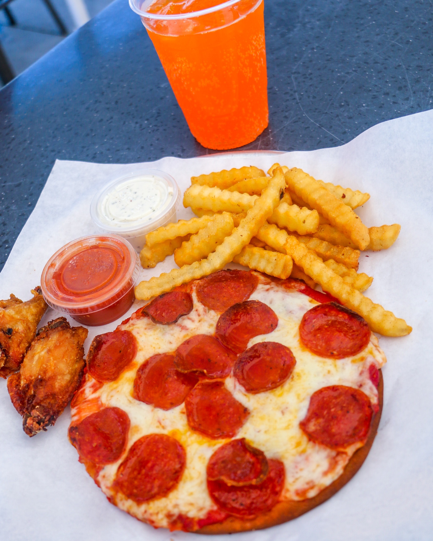 Order Kids Mini Pizza with 2 Toppings, 2 Wings, Fries & A Drink food online from The Post Pizza store, El Monte on bringmethat.com