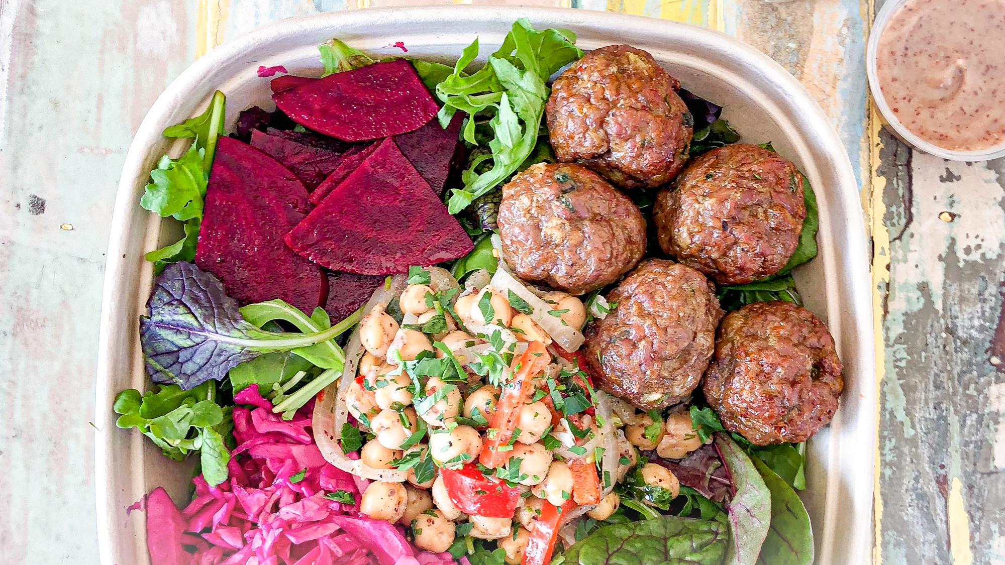 Order Butcher's Kofte (Meatball) Salad food online from Saucy Greens Salad Shop store, San Francisco on bringmethat.com