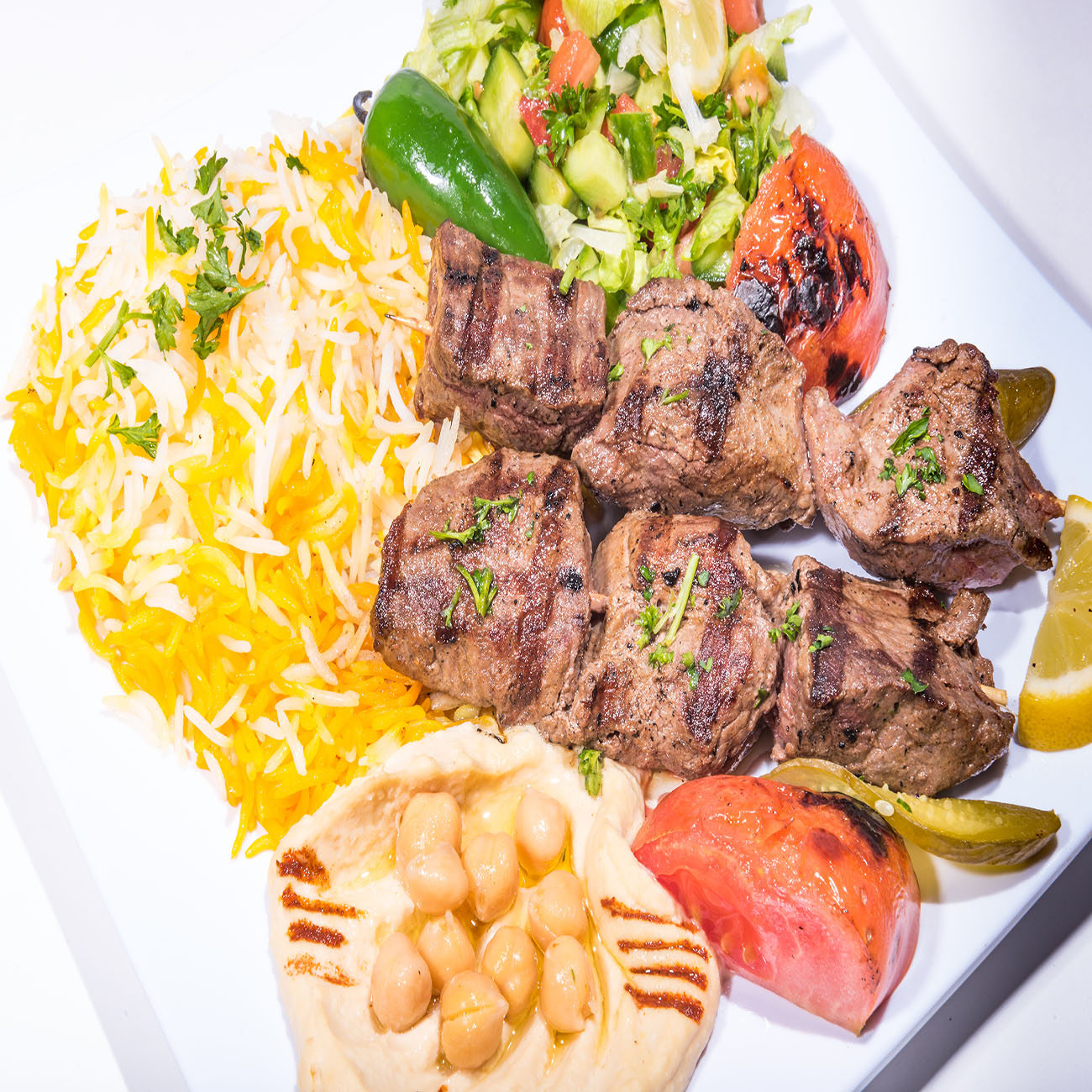 Order Lamb Shish Kabab food online from Dijla Cafe Lounge store, Decatur on bringmethat.com