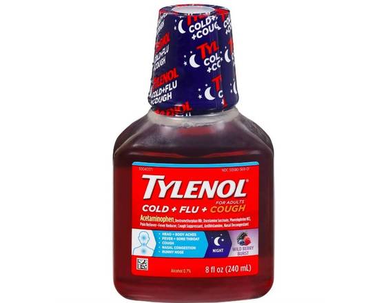 Order Tylenol Cold+Flu+Cough Night Wild Berry Burst 8 oz food online from McLean Ave Pharmacy store, Yonkers on bringmethat.com