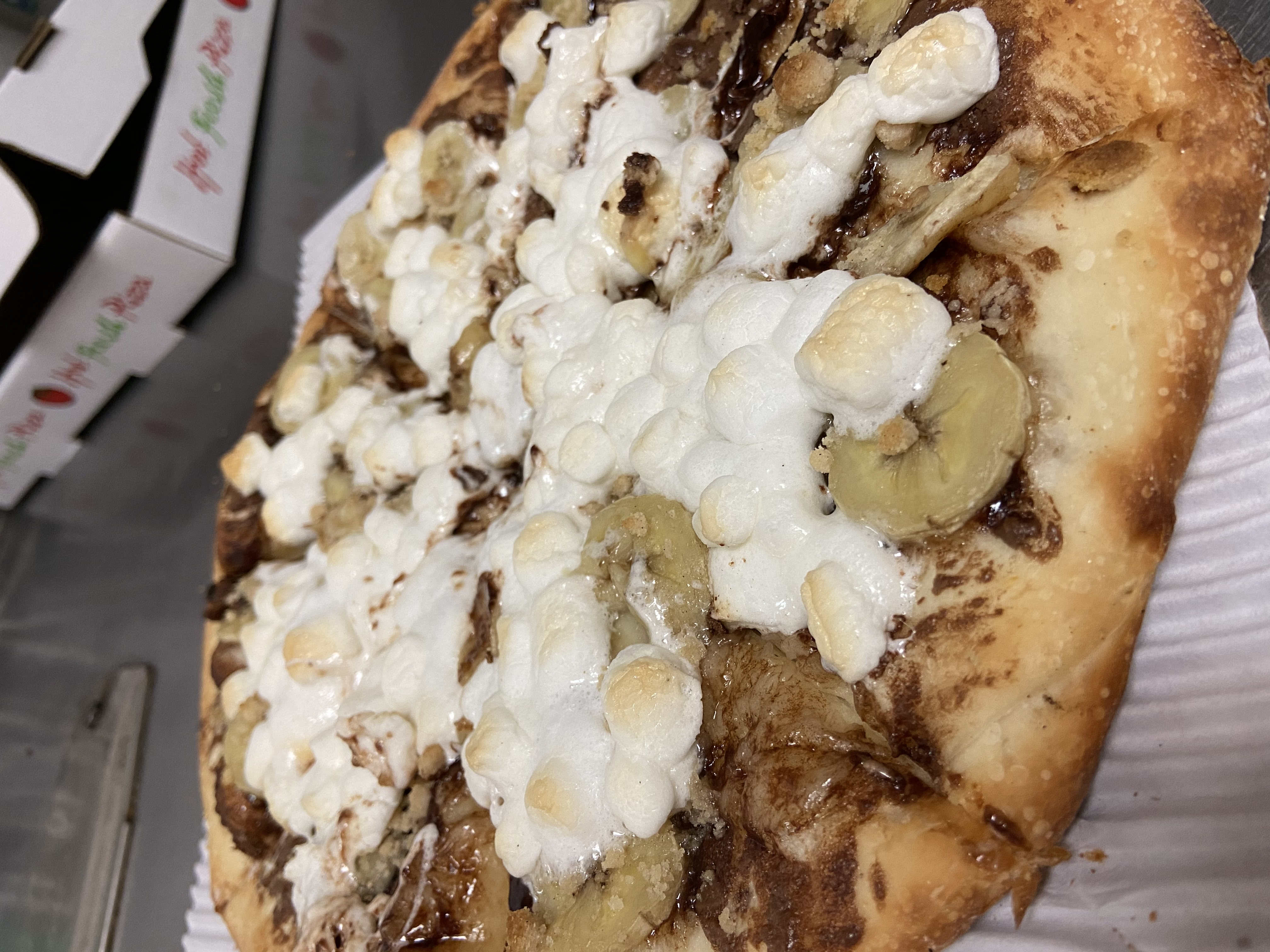 Order 12" Banana Marshmallow Dessert Pizza food online from Papa G's Pizza, Pasta Cafe store, Wildomar on bringmethat.com