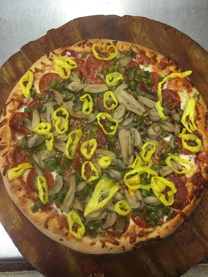 Order 12. Pepperoni, Mushrooms & Green Peppers Pizza - Small (8 Slices) food online from Zavarelli's Pizza Shop store, Canton on bringmethat.com