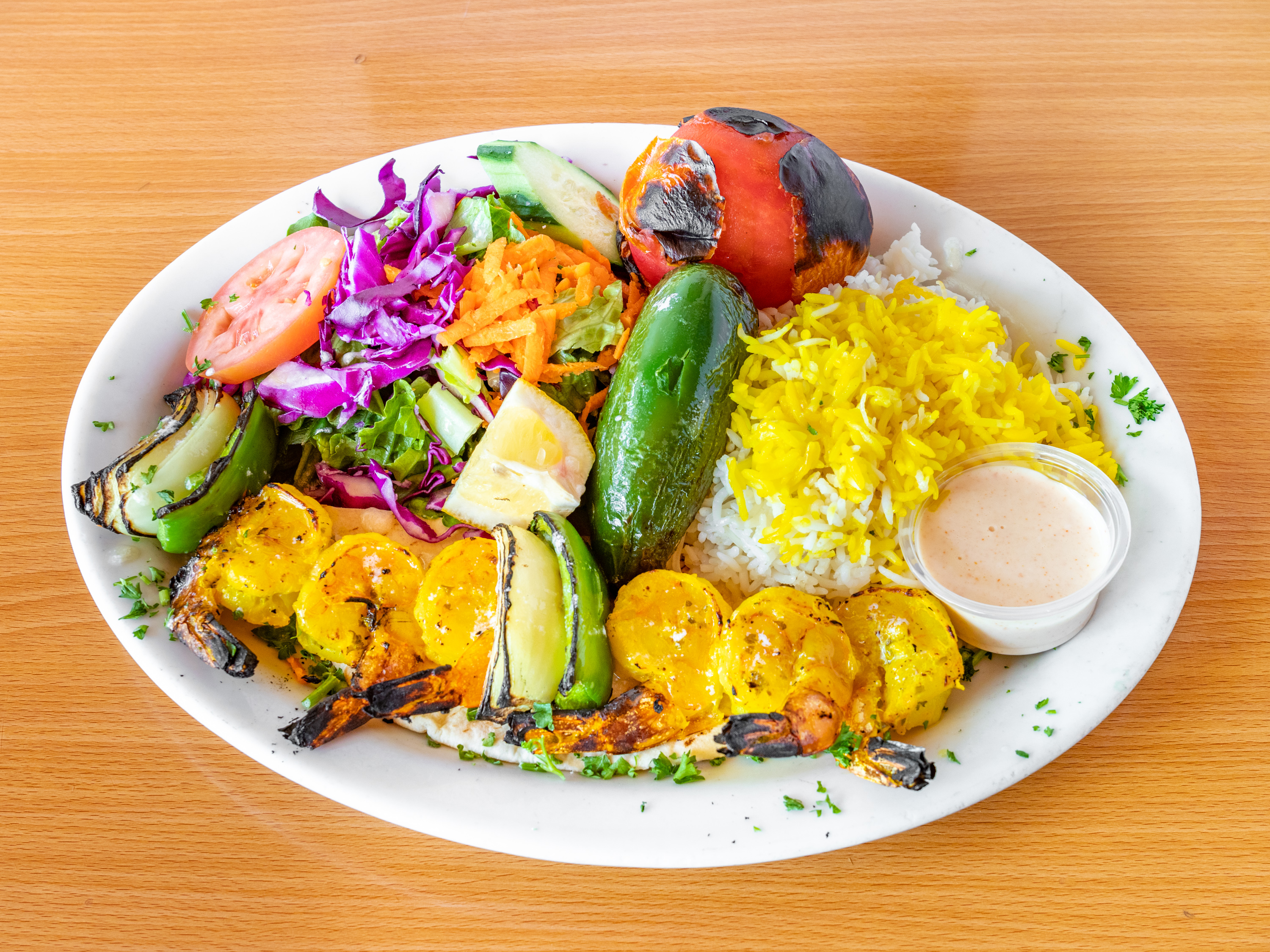 Order Shrimp Shish Kabob Lunch Special food online from Fanoos Grill store, Torrance on bringmethat.com