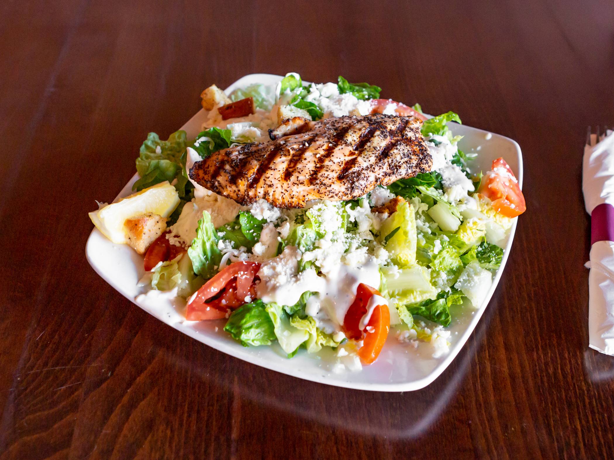 Order Salmon Caesar Salad food online from Dominics store, Escondido on bringmethat.com