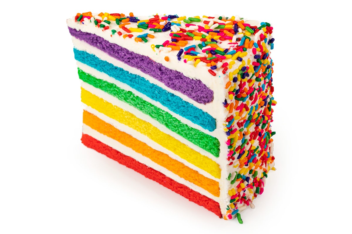 Order Vanilla Rainbow Cake Slice food online from Buddy V Cake Slice store, Farmington on bringmethat.com