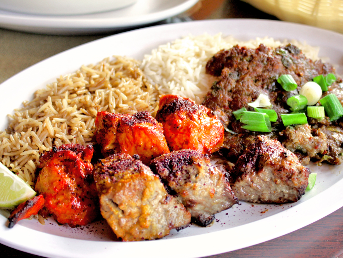 Order Beef and Chicken Kabab Plate food online from La Zeez Pita Grill store, Torrance on bringmethat.com