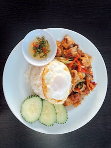 Order Spicy Basil Grilled or Fried with rice&egg food online from Red Chicken store, San Gabriel on bringmethat.com