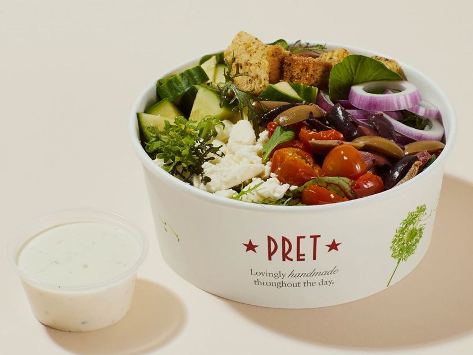 Order Pret's Greek Side Salad with Herb Yogurt Dressing food online from Pret A Manger store, New York on bringmethat.com