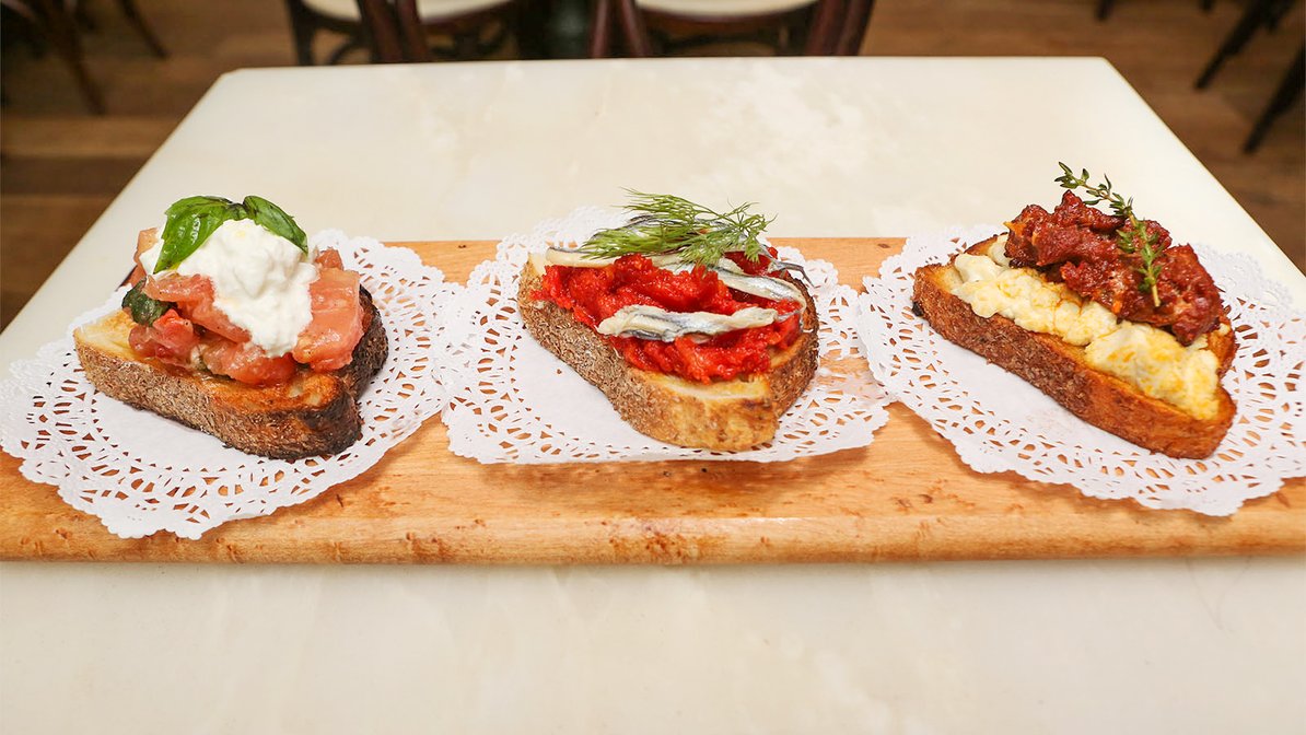 Order Bruschetta Trio (One of Each) food online from Blue Seafood Bar store, New York on bringmethat.com