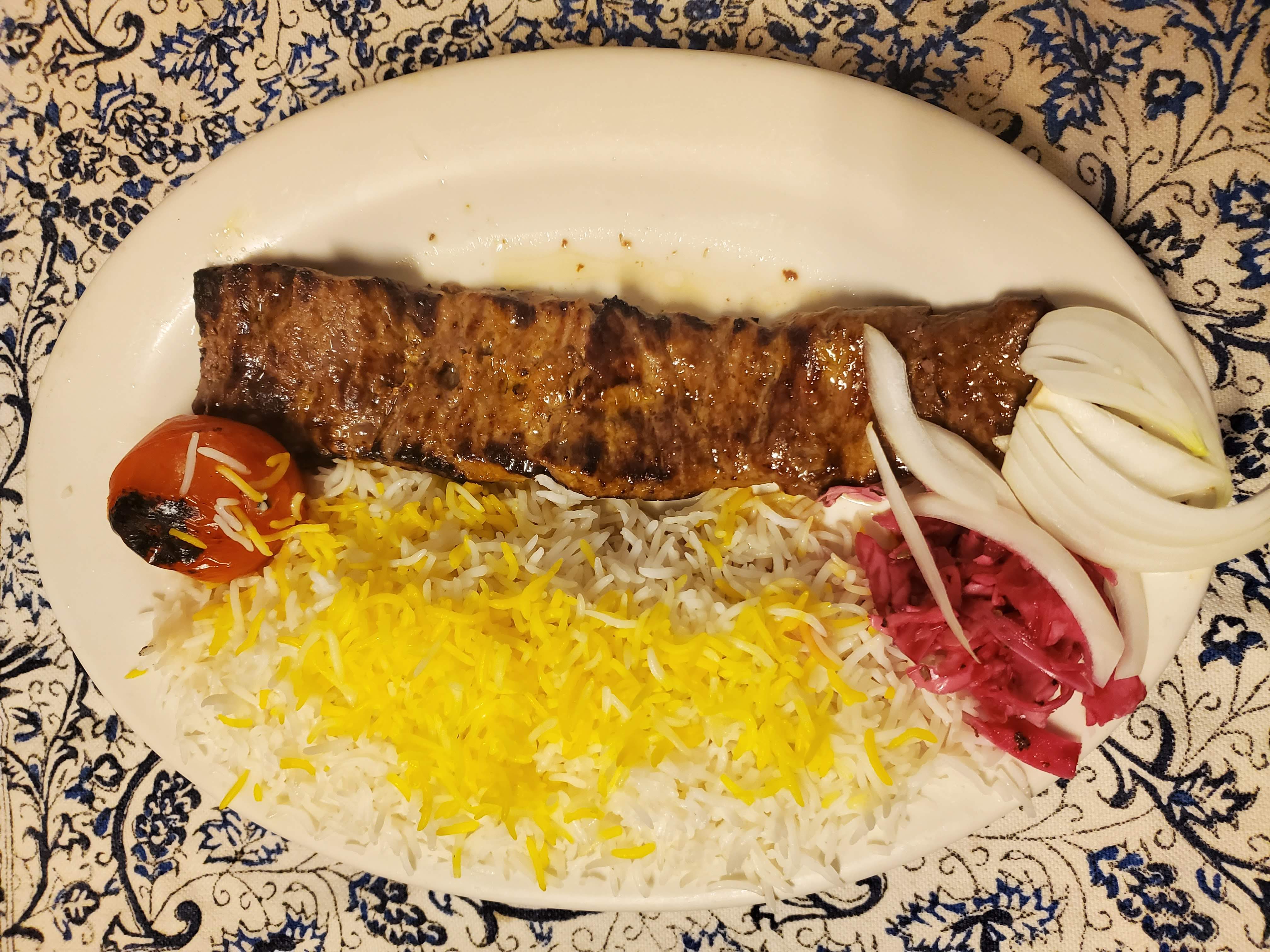 Order Ahvaz Lamb Filet Kabob with Rice and tomato food online from Stone Stew store, San Jose on bringmethat.com