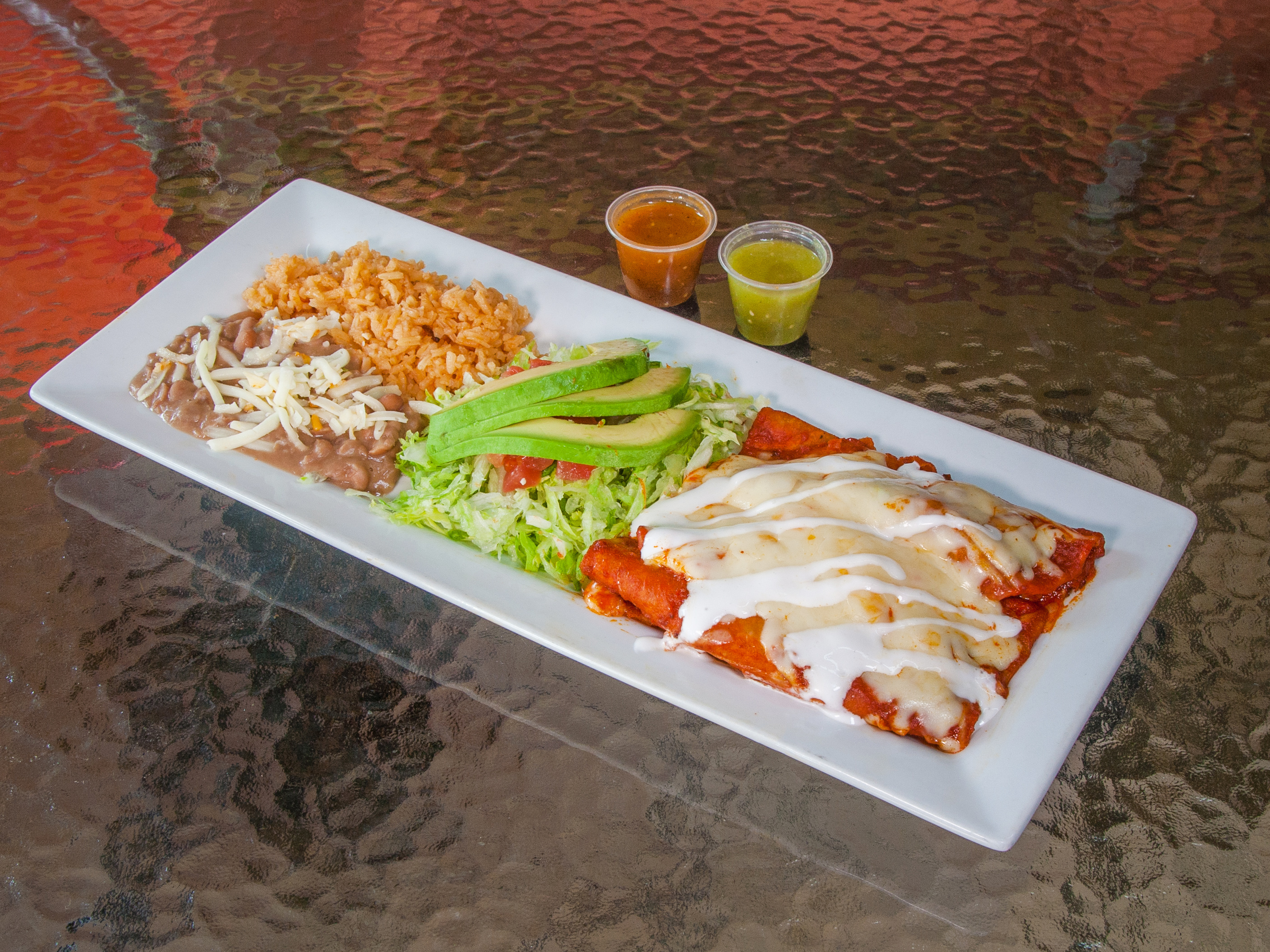 Order Enchiladas Rojas Plate food online from Javi's Burritos store, Glen Ellyn on bringmethat.com