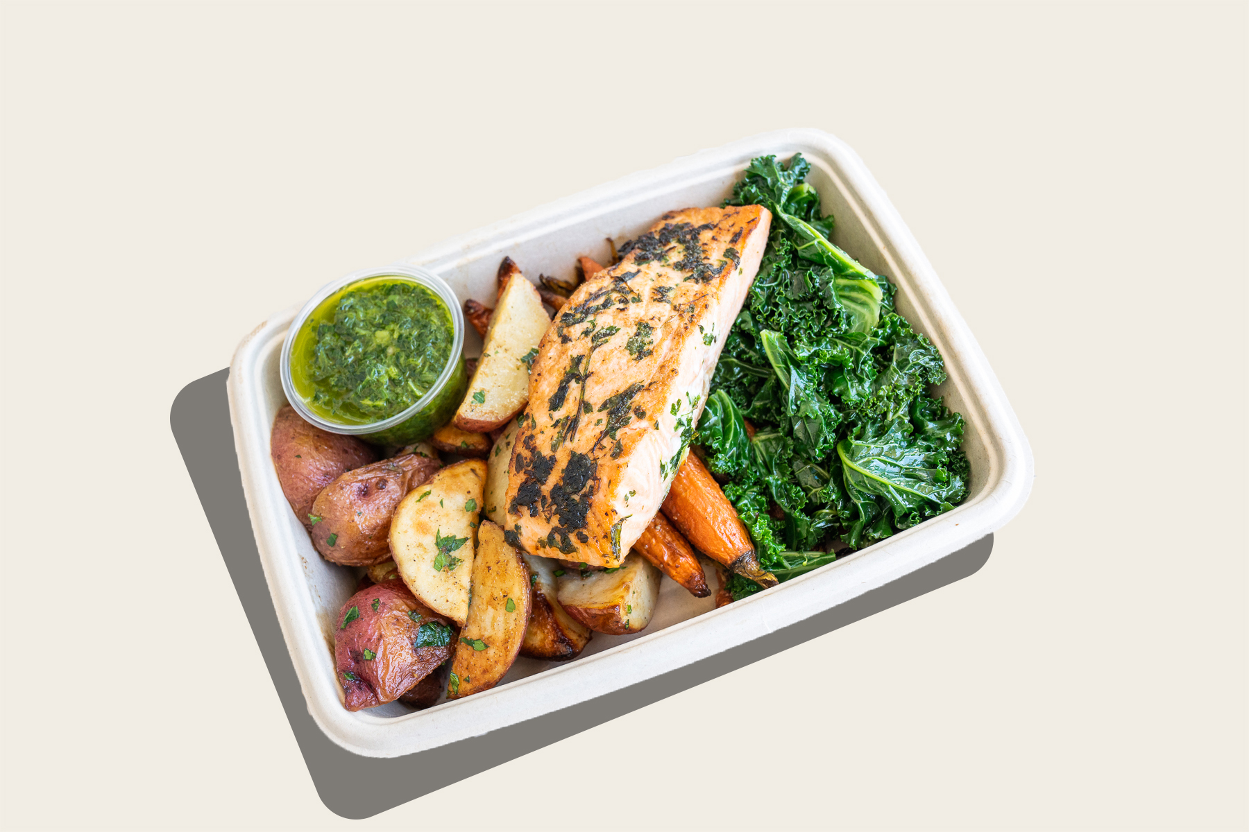 Order Chimichurri Salmon Hot Plate food online from Proper Food store, New York on bringmethat.com
