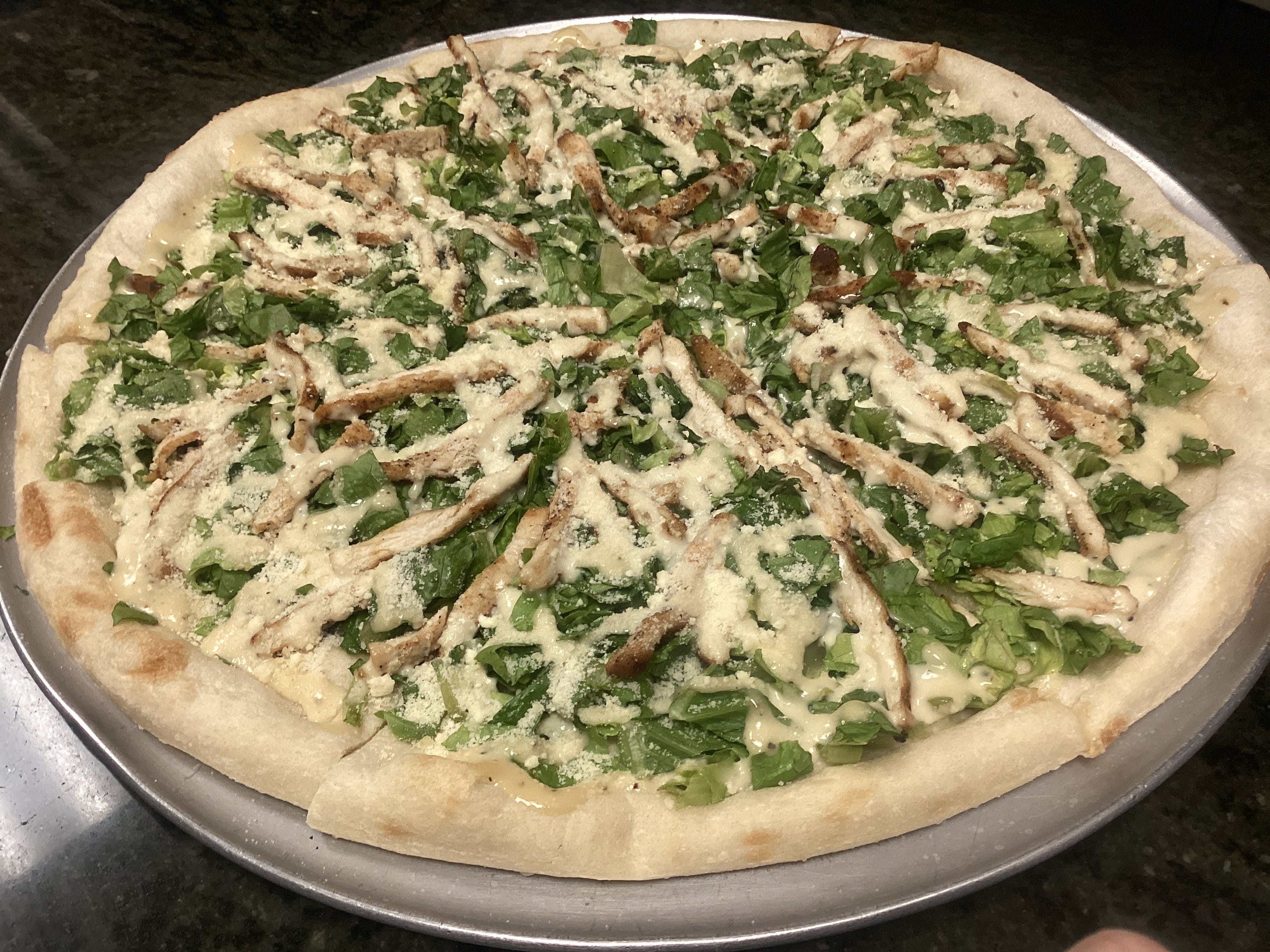 Order Grilled Chicken Caesar Salad Pizza - 16" food online from Pizza Boss store, Deer Park on bringmethat.com