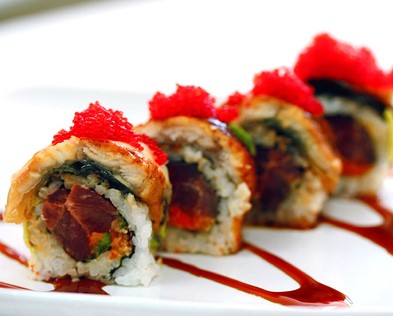 Order Fire Rose Roll food online from Kiraku Ramen & Sushi store, Gardena on bringmethat.com