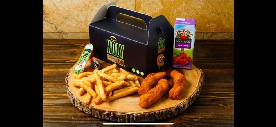 Order 3 Sesame Chicken fingers, Fries, Juice Box & Toy food online from Holy Schnitzel store, New York on bringmethat.com