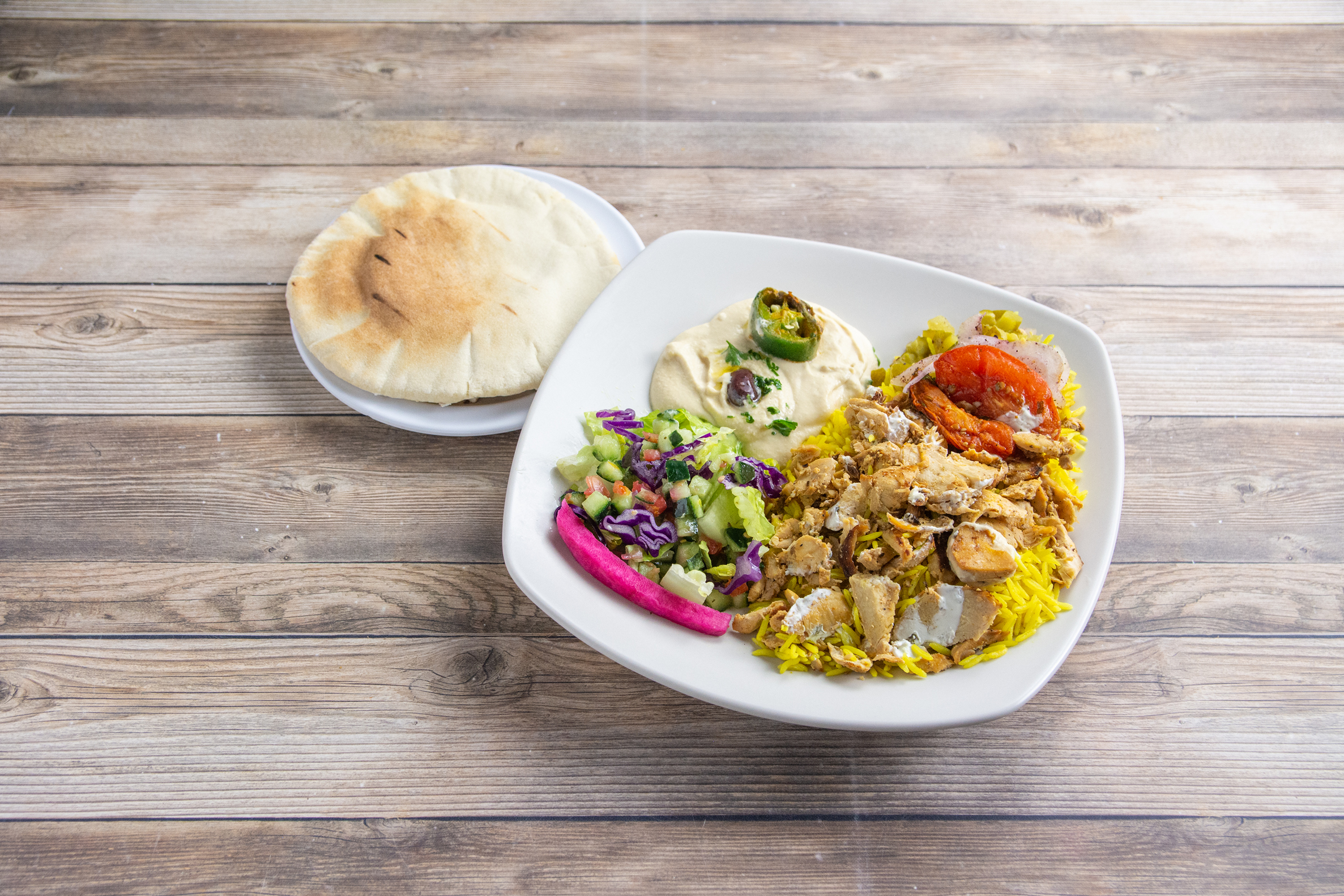 Order Chicken Shawarma Rice Plate food online from Falafel Tazah store, Redwood City on bringmethat.com