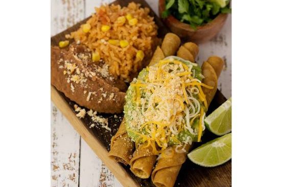 Order * 6 - Three Rolled Tacos + Rice ＆ Beans food online from Burros & Fries store, Escondido on bringmethat.com