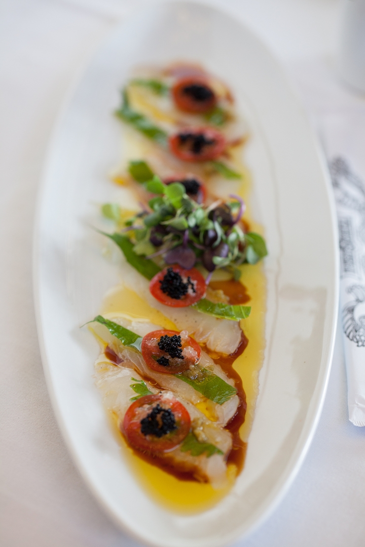 Order Halibut Carpaccio with Fingerlime food online from Teru Sushi store, Studio City on bringmethat.com