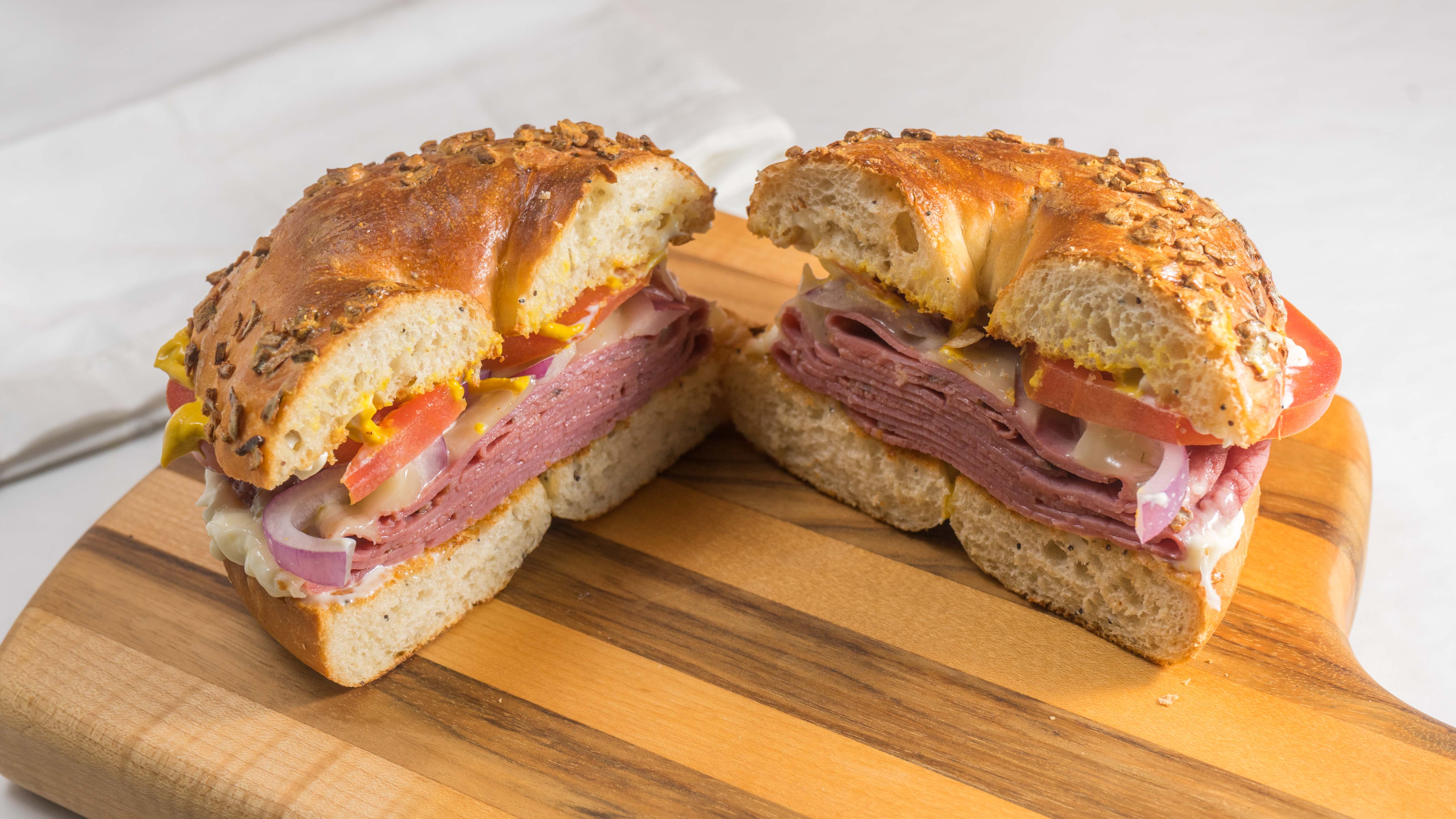 Order Pastrami Melt Sandwich food online from Glaze Donuts And Bagel Sandwiches store, San Francisco on bringmethat.com