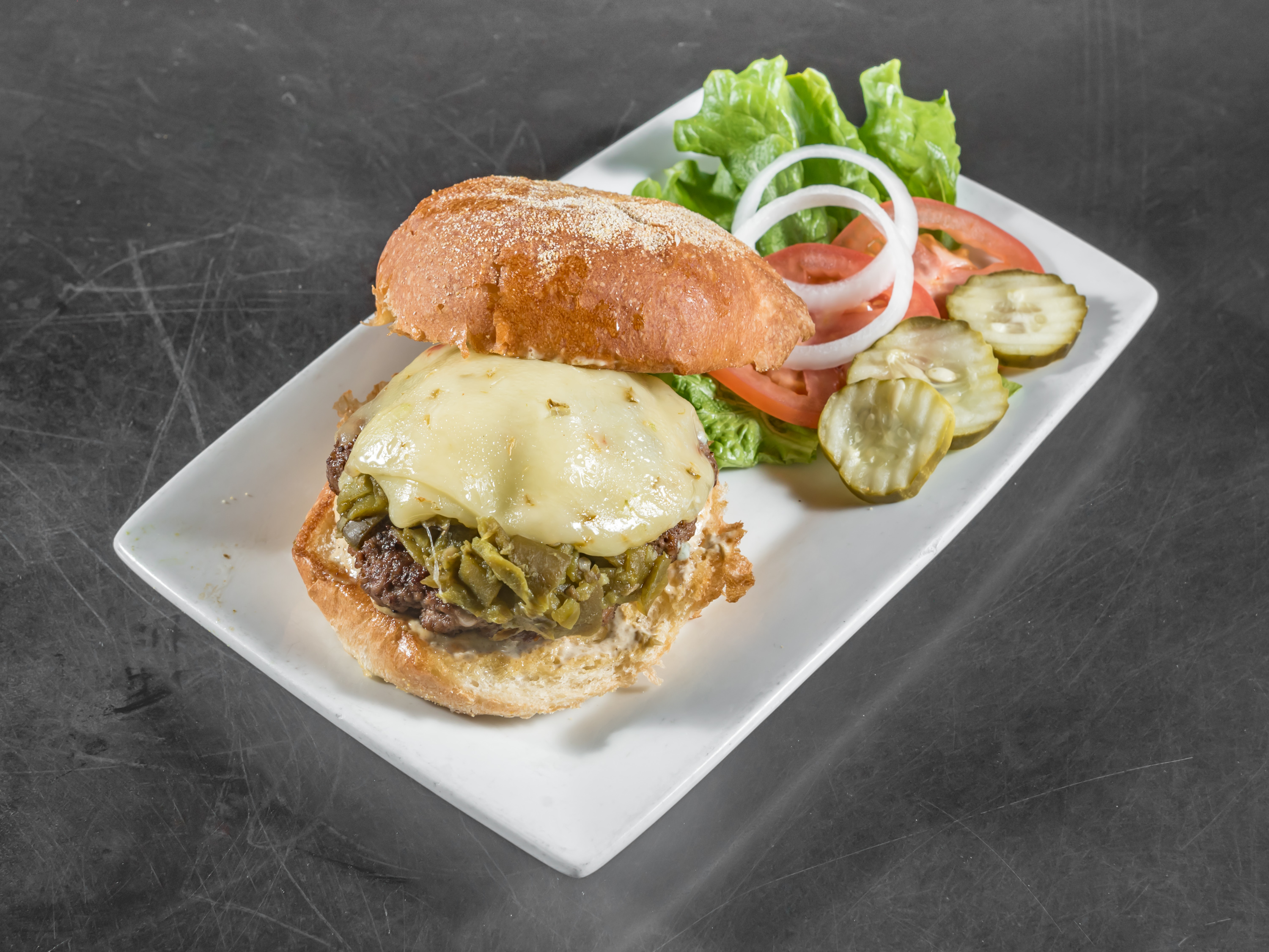 Order Green Chile Cheeseburger food online from 5 Star Burgers store, Albuquerque on bringmethat.com