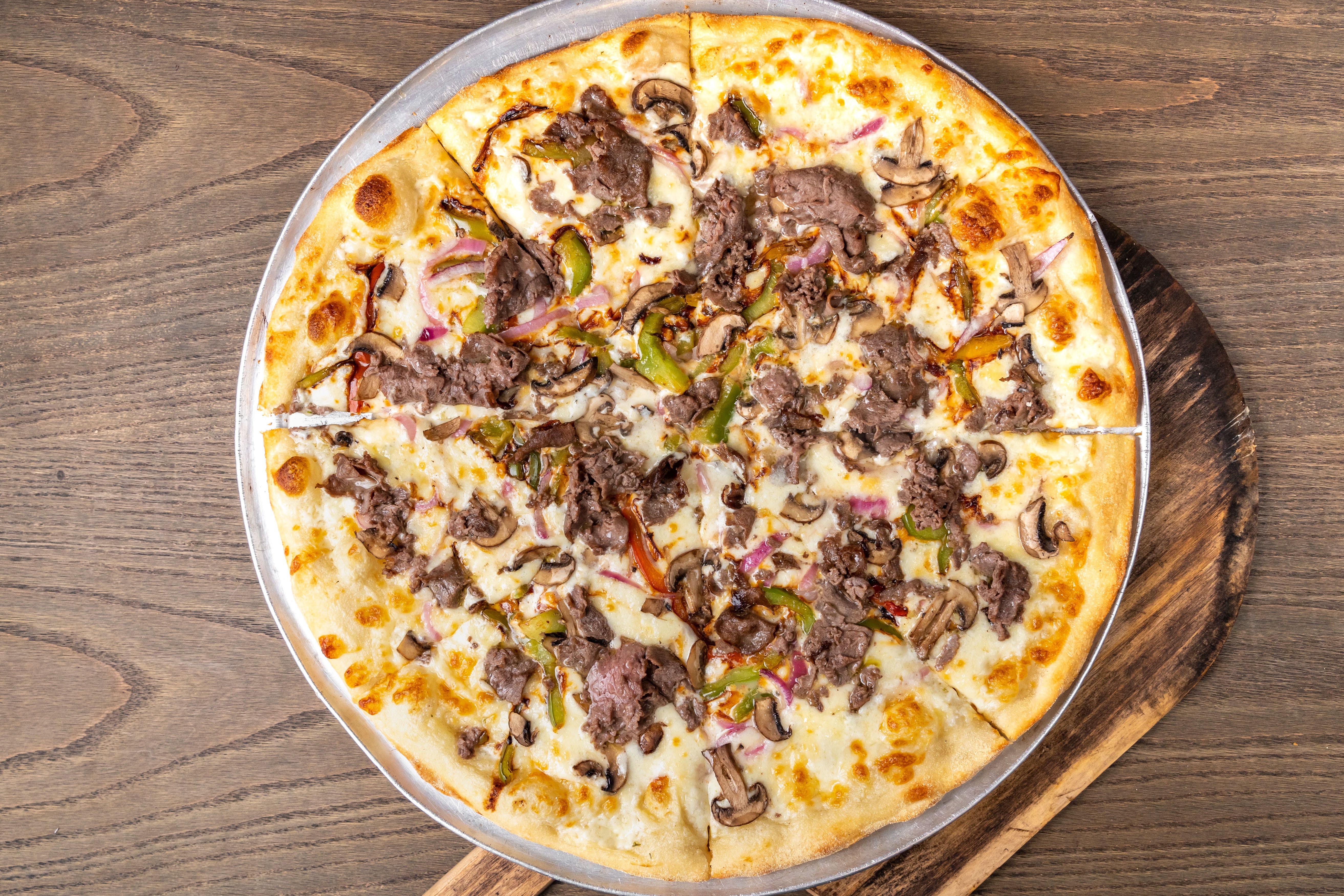 Order Philly Cheesesteak Pizza - 14" food online from Sofia Pizzeria store, San Antonio on bringmethat.com
