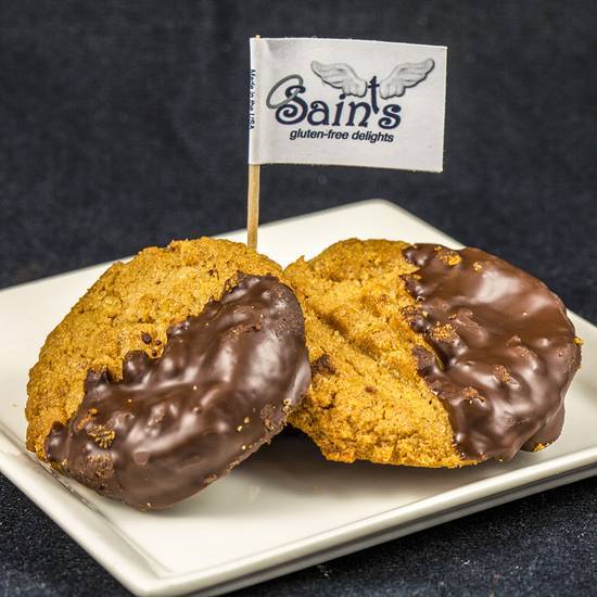 Order Gluten Free DAIRY FREE Chocolate-Dipped Peanut Butter Cookies (6 ea)   food online from Sinners & Saints Bakery store, Los Angeles on bringmethat.com