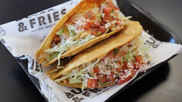Order * 4 - Two Potato Tacos + Rice & Beans food online from Burros & Fries store, Chula Vista on bringmethat.com