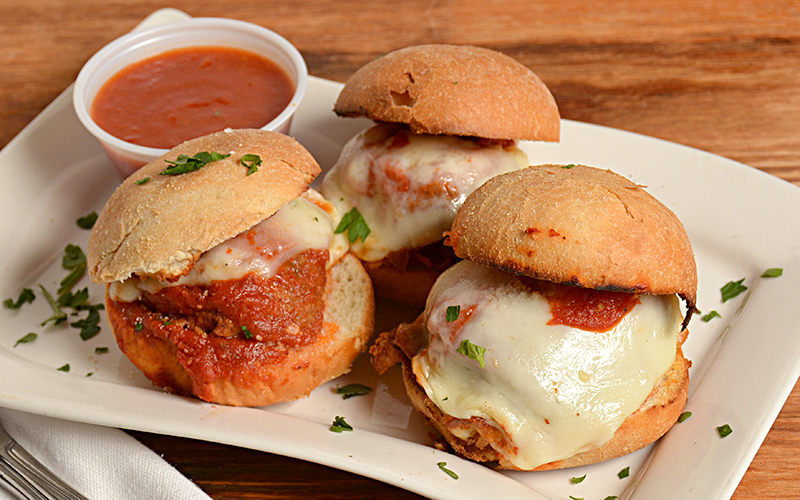 Order 3 Meatball Parm Sliders food online from Cinelli's Pizza store, Franklin Square on bringmethat.com