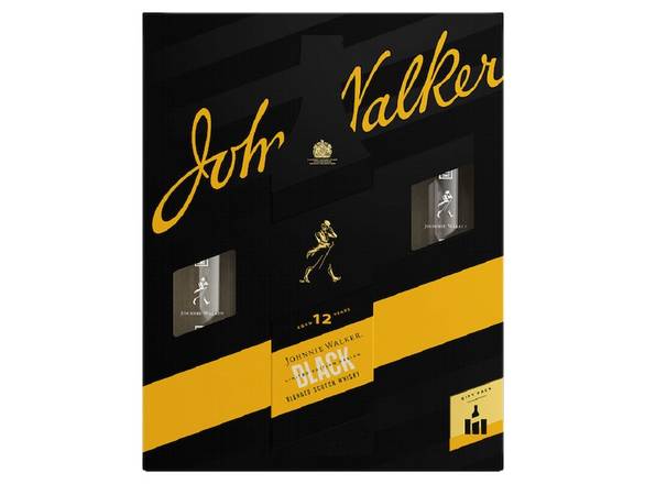 Order Johnnie Walker Black Label Blended Scotch Whisky, 750 mL Bottle with Two Highball Glasses - 750ml Bottle food online from Josh Wines & Liquors Inc store, New York on bringmethat.com