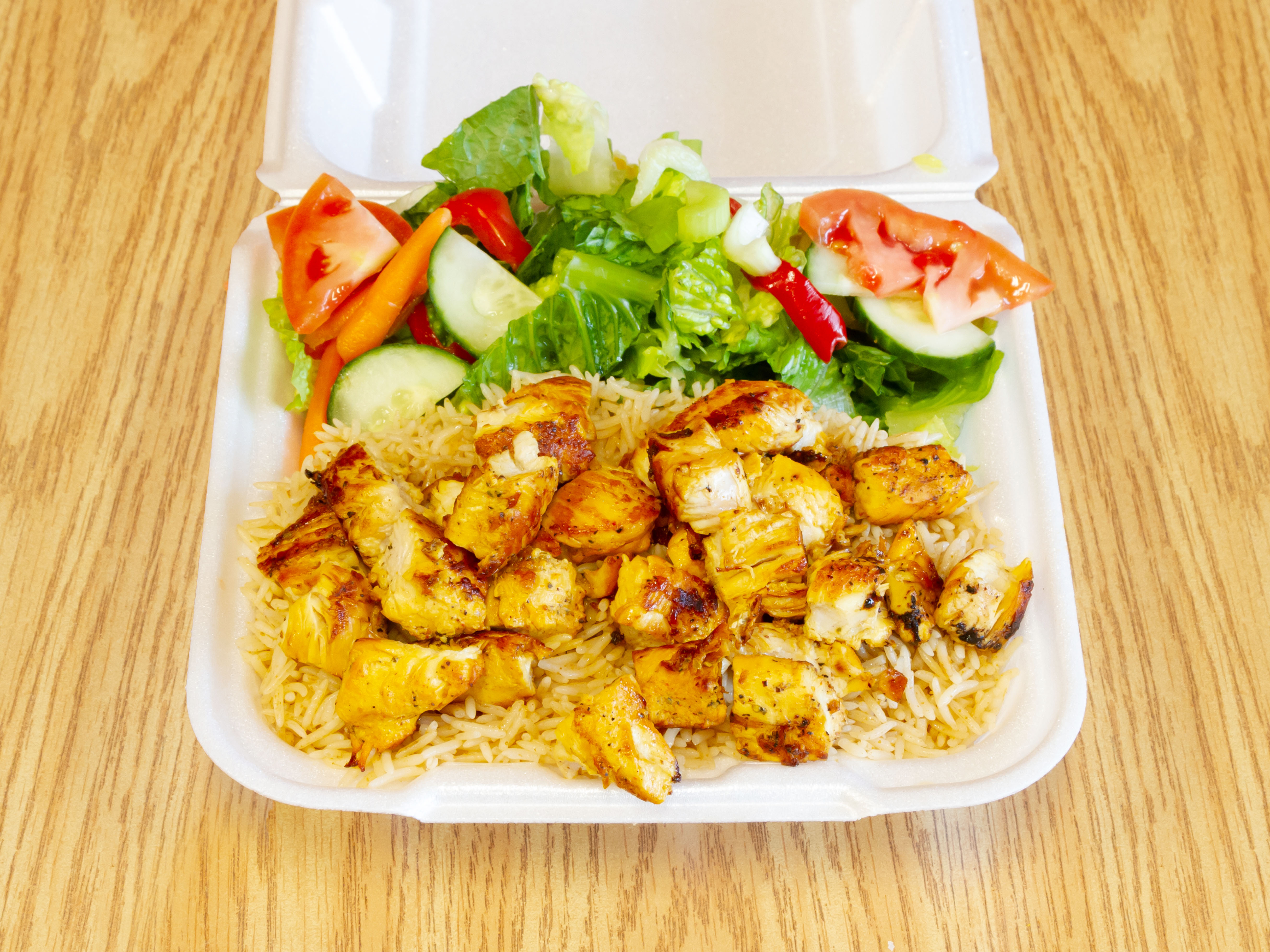 Order 48. Chicken Kabab with Rice and Salad food online from Crown Fried Chicken store, Worcester on bringmethat.com