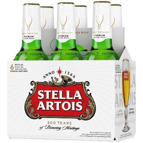 Order Stella Artois 6 Pack 11.2oz Bottle food online from Brews And Bites store, Irving on bringmethat.com