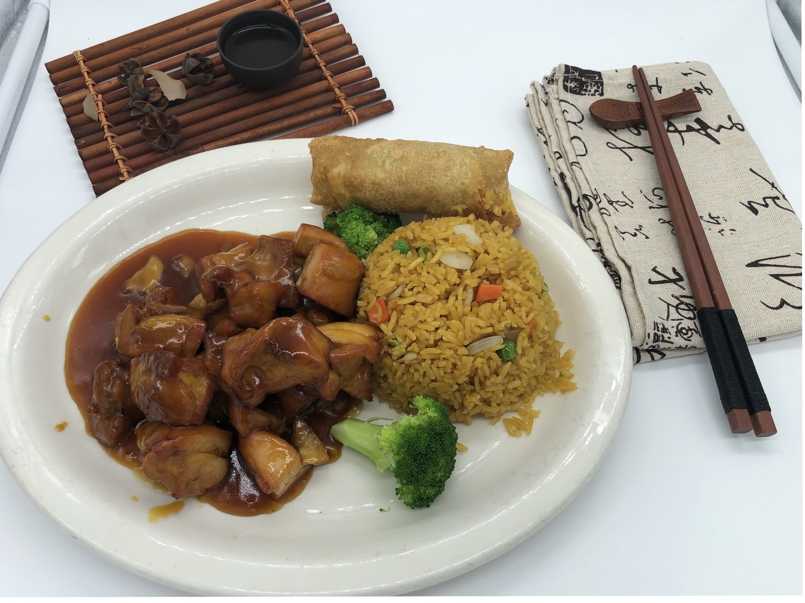 Order C6. Bourbon Chicken Dinner Combo Special food online from Red Bowl store, Grand Rapids on bringmethat.com