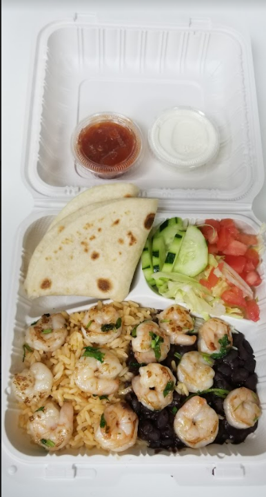 Order C10. Shrimp Combo Plate food online from Fresh Soft Tacos store, Rego Park on bringmethat.com