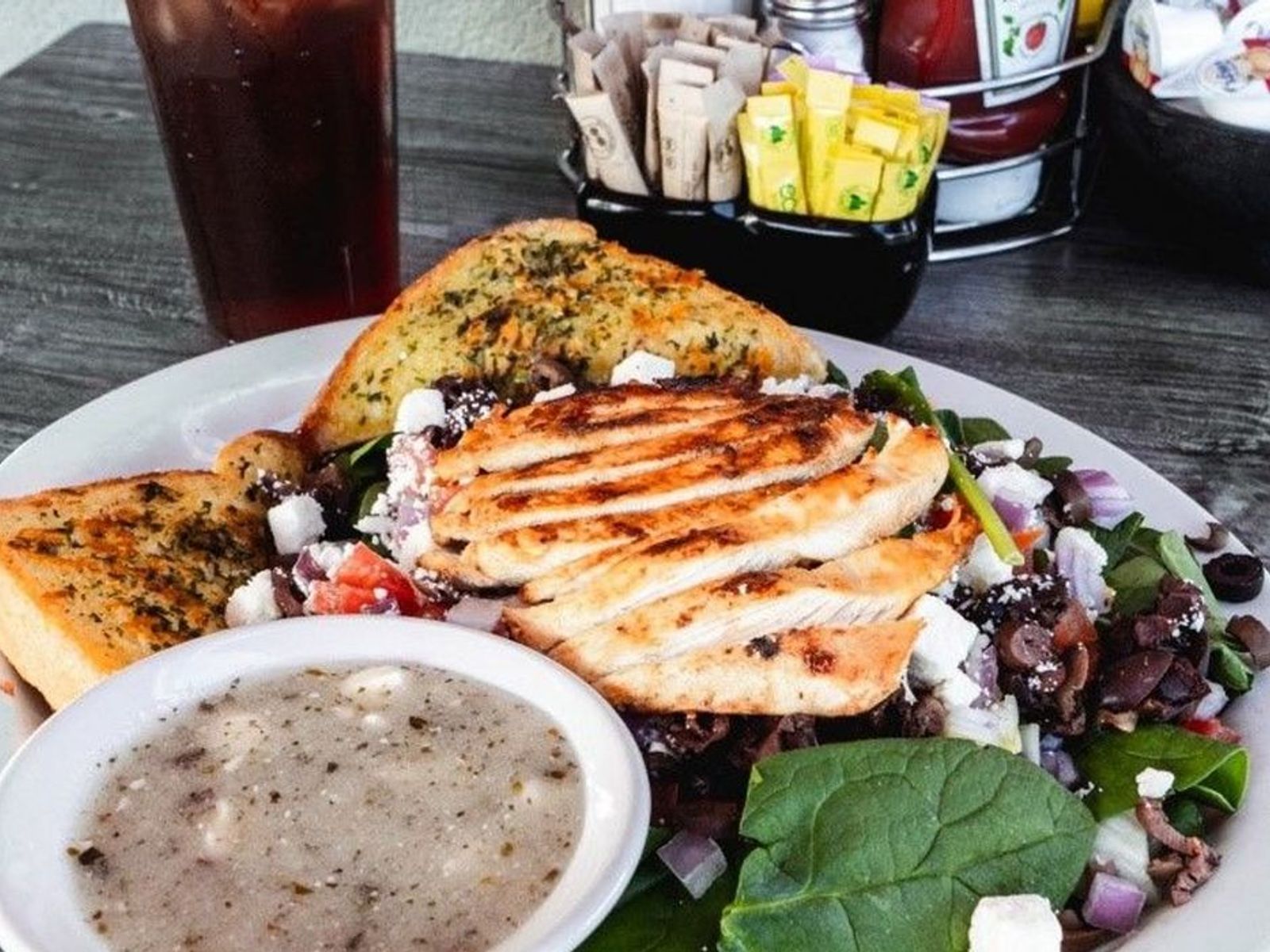 Order Grilled Chicken Greek Salad - OO food online from Biscuits Cafe store, Chandler on bringmethat.com