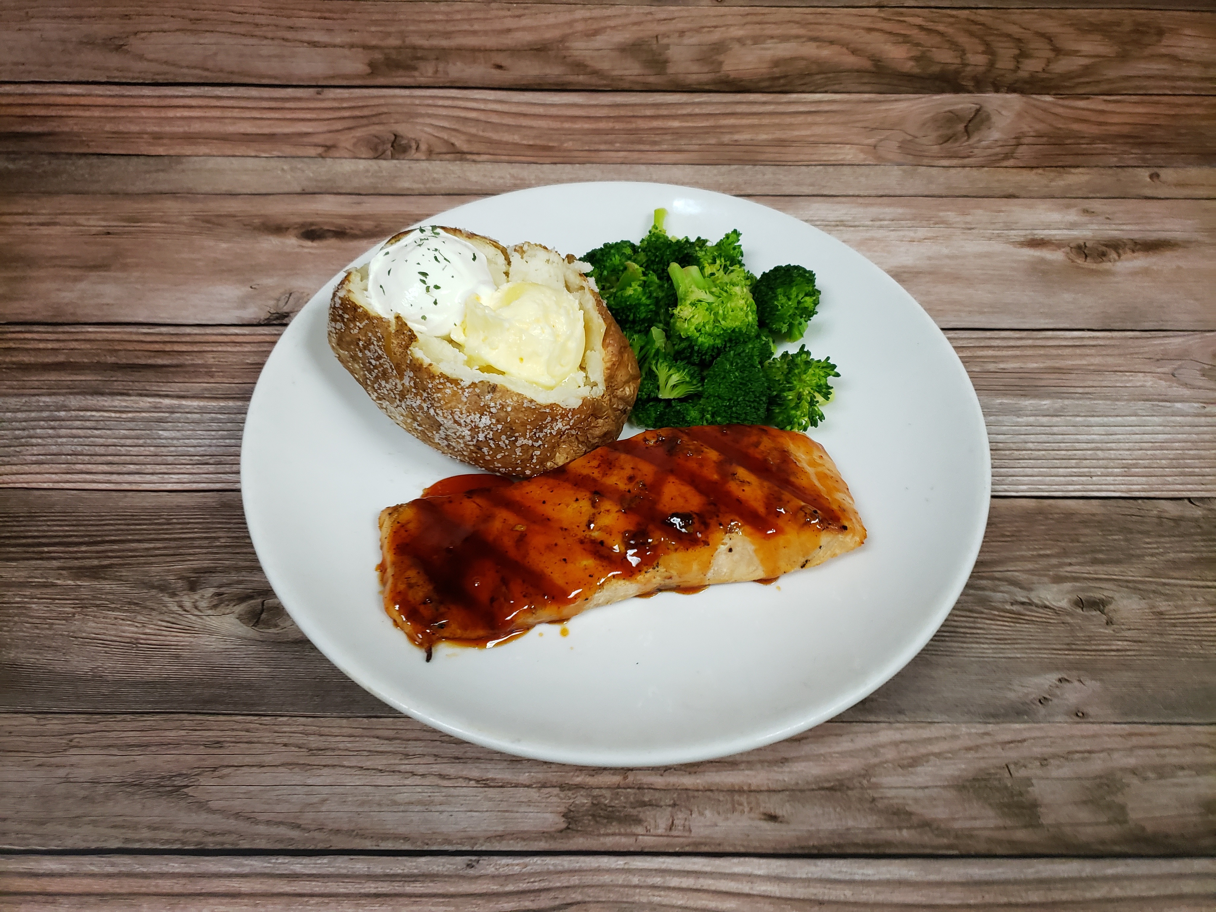 Order (GF) Bourbon-Glazed Grilled Salmon food online from Ground Round store, Neenah on bringmethat.com