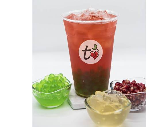 Order Pomegranate & Hibiscus Juice (w/ green apple popping boba & aiju jelly) food online from TeaLove Ontario store, Ontario on bringmethat.com
