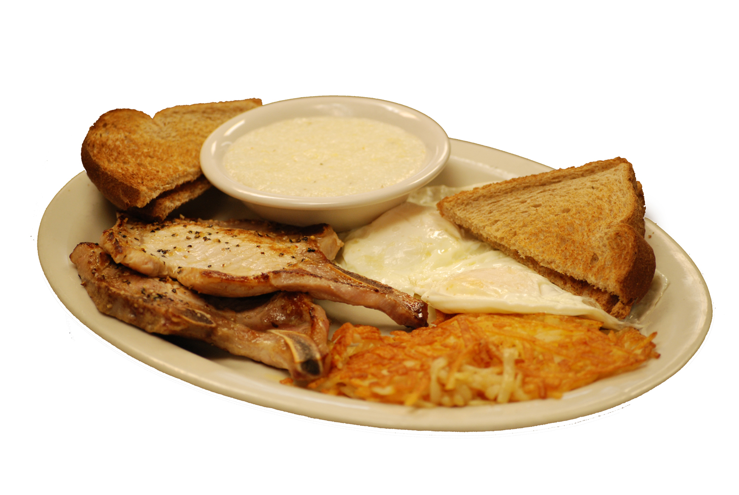Order 2 Eggs Plate 2 with Pork Chops food online from Carolina's Diner store, Greensboro on bringmethat.com