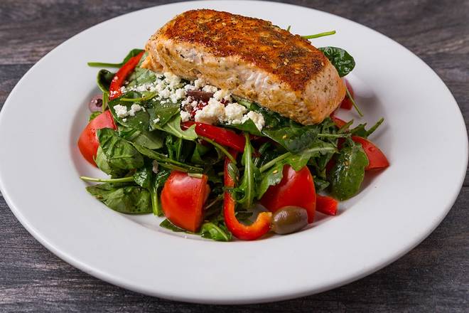 Order Za'atar-Dusted Wood-Fired Norwegian Salmon* Salad food online from Pita Jungle store, Chandler on bringmethat.com