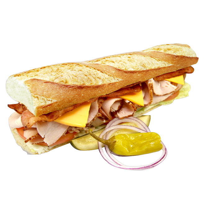 Order #27. Turkey Club with Bacon Baguette Sandwich food online from Lee Sandwiches store, Artesia on bringmethat.com