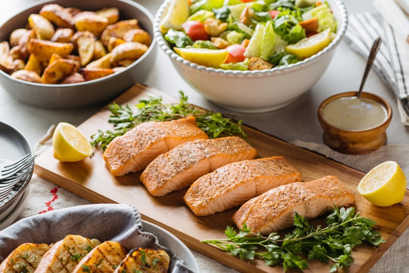 Order Grilled Salmon Family Meal food online from Urban Plates store, Woodland Hills on bringmethat.com