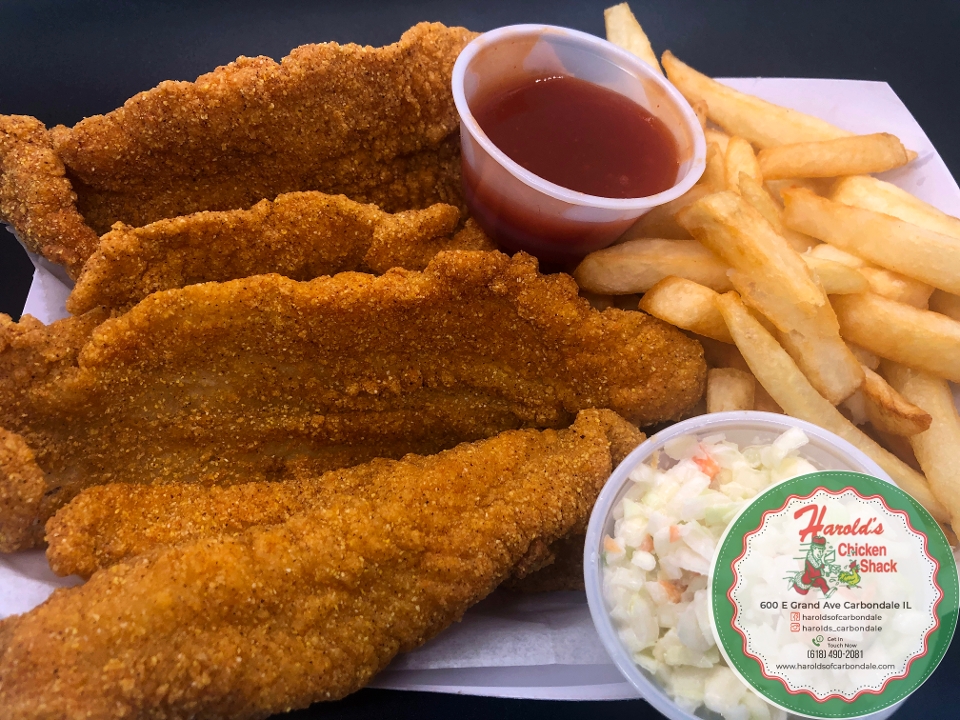 Order Large Catfish (4) food online from Harolds Chicken store, Carbondale on bringmethat.com