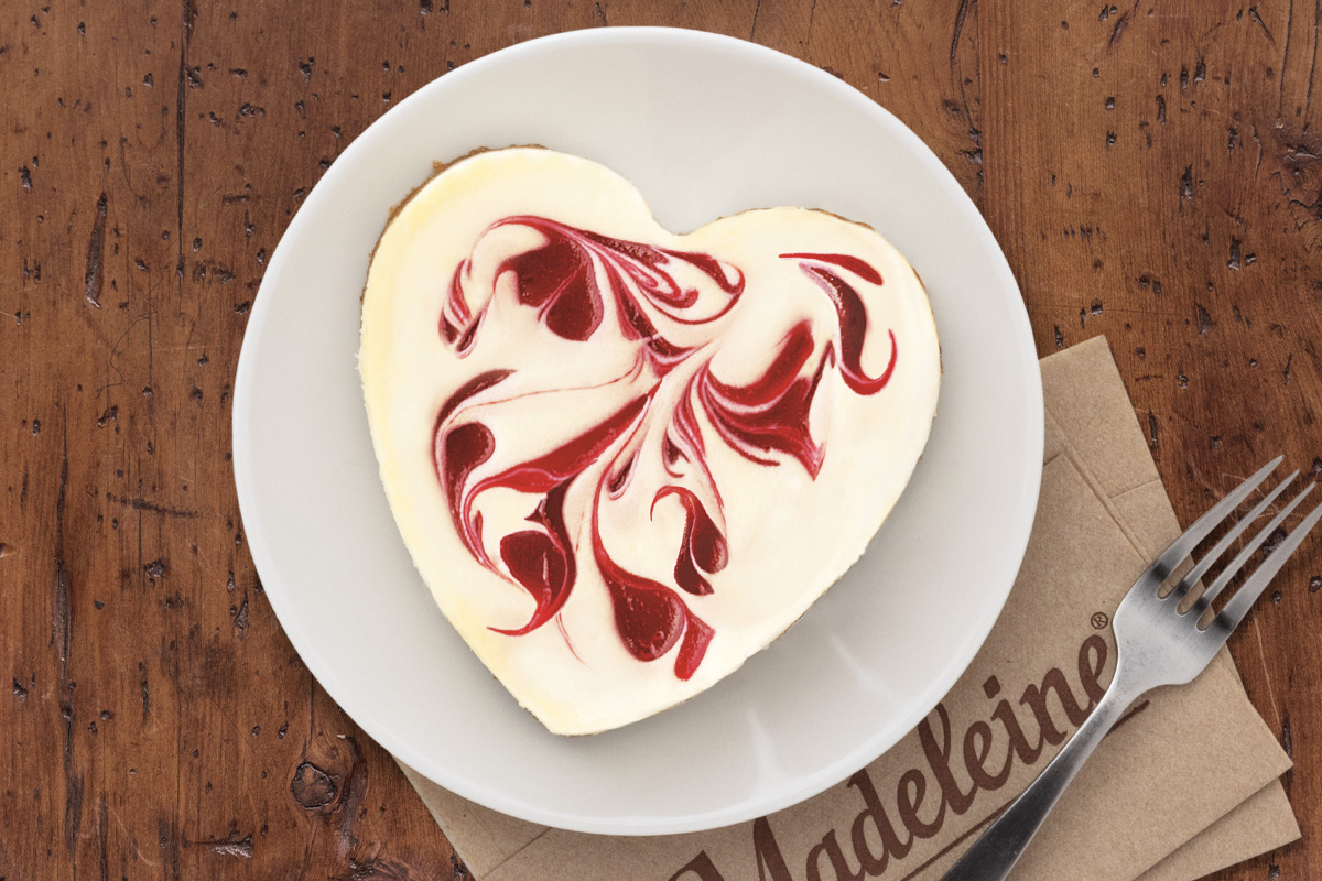 Order Raspberry Swirl Heart-Shaped Cheesecake food online from La Madeleine French Bakery & Cafe store, Austin on bringmethat.com