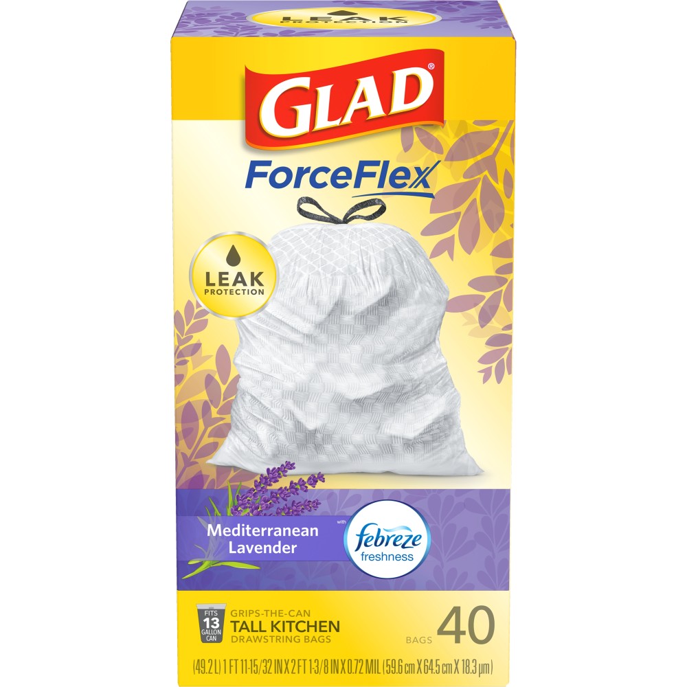 Order Glad ForceFlex Tall Kitchen Trash Bags - Gain Lavender with Febreze, 13 Gallon, 40 ct food online from Bartell store, Edmonds on bringmethat.com