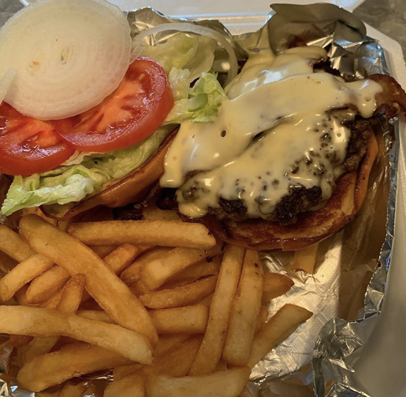 Order Pub Burger with fries food online from Ryan Pub store, Groton on bringmethat.com